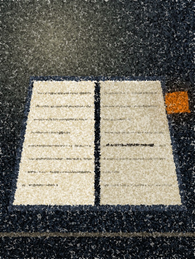 A pointillist illustration of an open case file lying on a dark desk, one line struck through, an amber index tab on the edge.