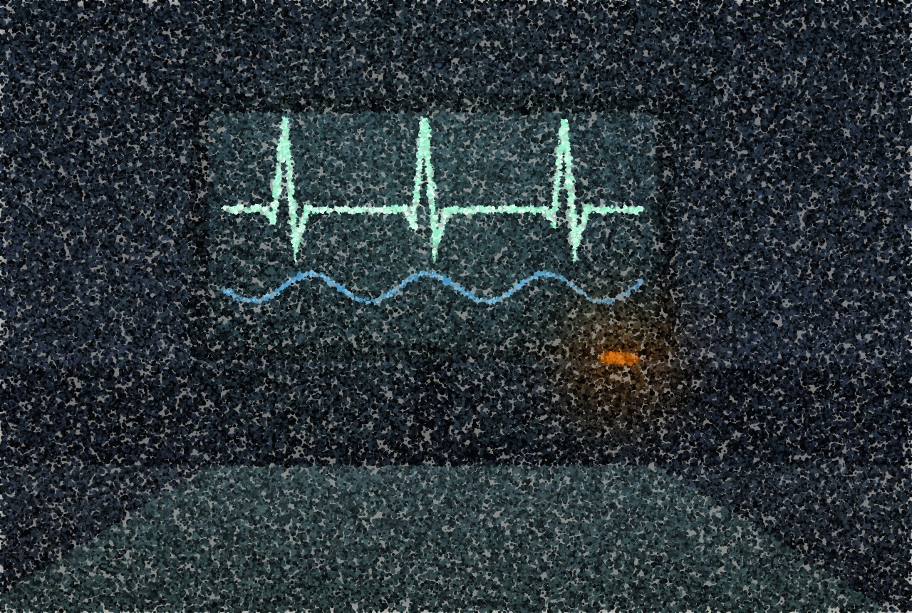 A pointillist illustration of a bedside monitor glowing in a dark room, two trace lines and no numbers.