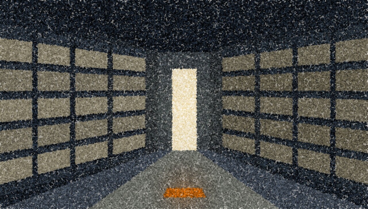 A pointillist illustration of a records room, shelving on both sides receding towards a lit doorway.
