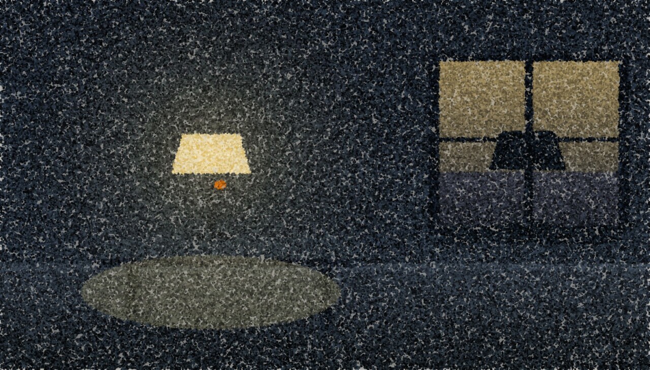 A pointillist illustration of a dim room with one lamp burning and an identical lamp standing unlit against a dusk window.