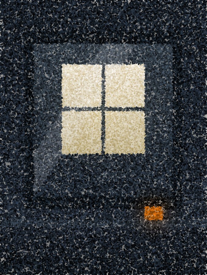 A pointillist illustration of a mirror on a dark wall holding the reflection of a bright window.