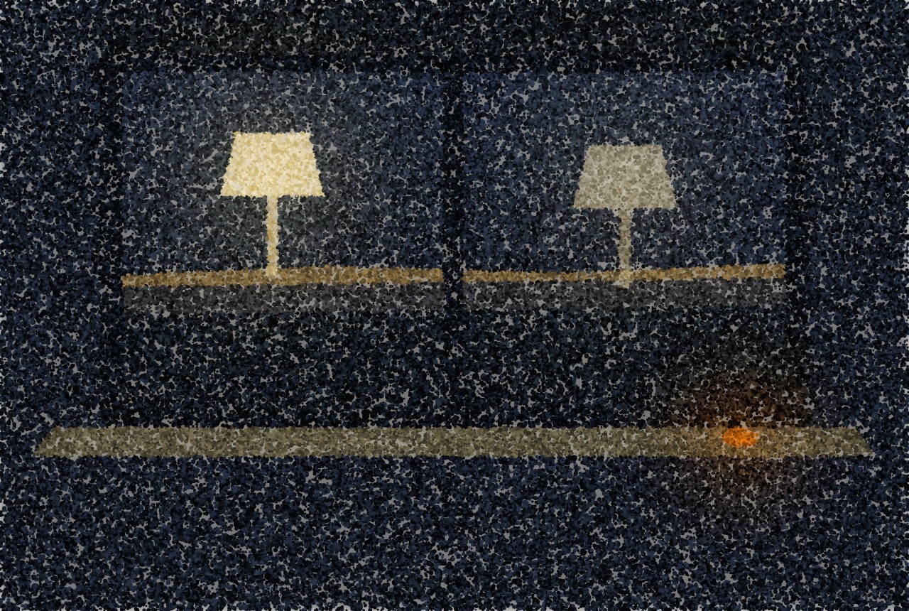 A pointillist illustration of a window at dusk in which a single lamp appears twice, once bright and once faint.