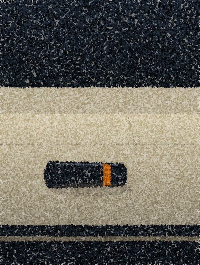A pointillist illustration of a single spent canister lying on bright pavement, dark against the stone.