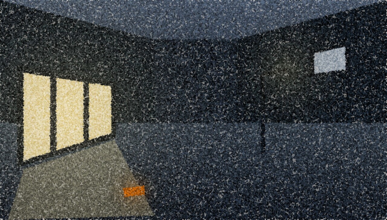 A pointillist illustration of a street at dusk, dark walls converging, one lit shopfront throwing light across a wet road.