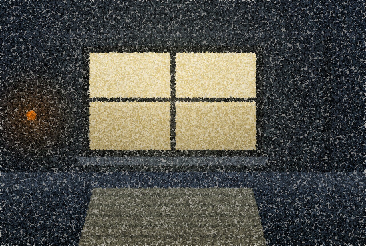 A pointillist illustration of one large lit window in a near-black wall at night, reflected on the wet ground below.