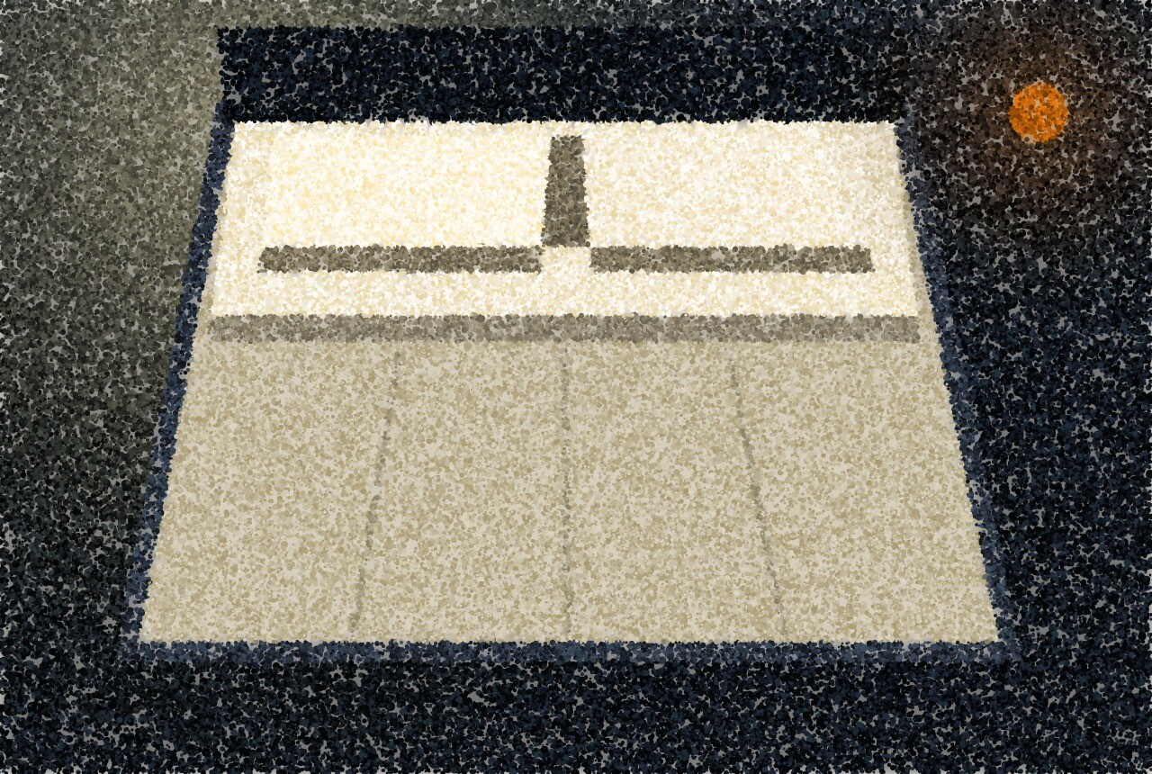 A pointillist illustration of a made bed seen from above, covers turned down, on a near-black floor.