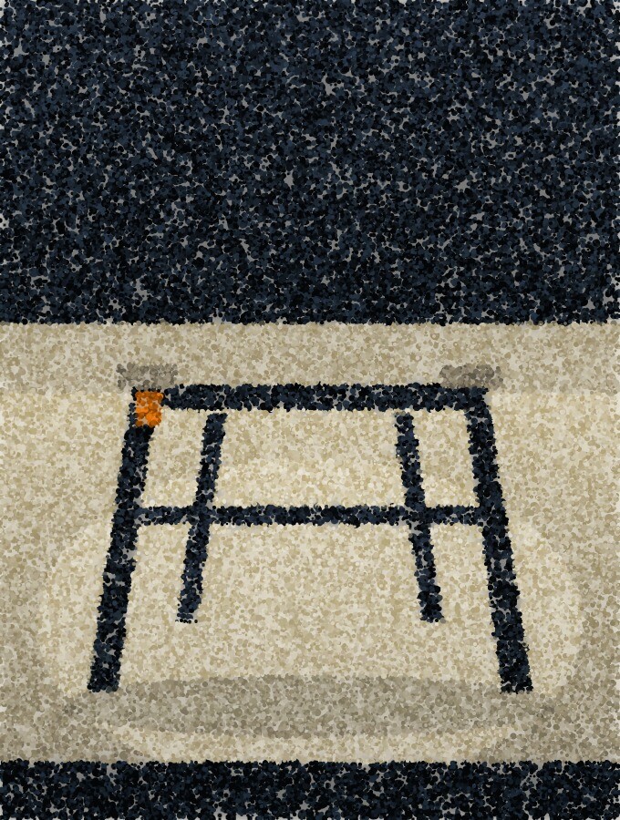 A pointillist illustration of a walking frame standing alone in a pool of light on a bright floor.