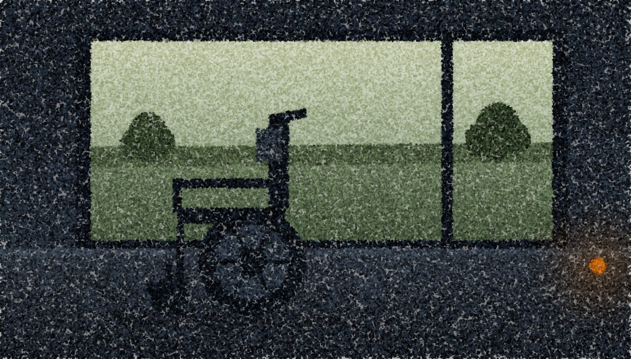 A pointillist illustration of an empty wheelchair silhouetted against a wide bright window onto a garden at dusk.