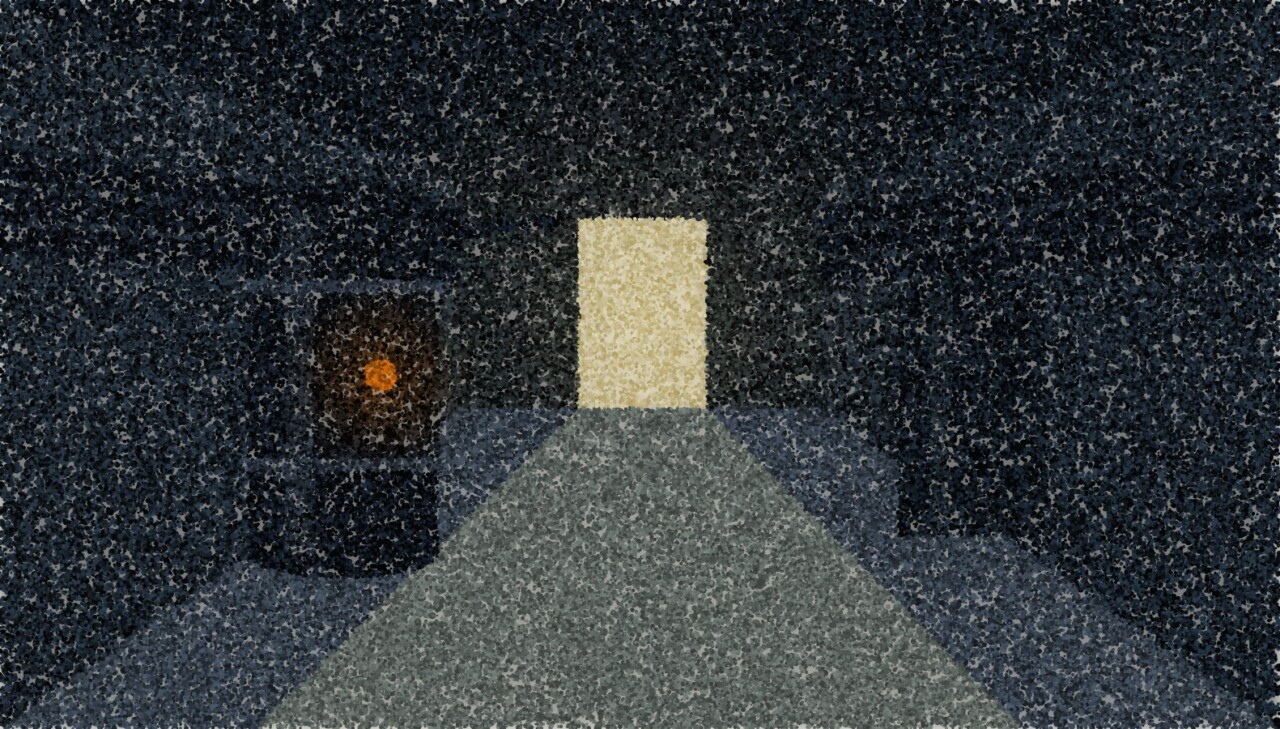 A pointillist illustration of a plant room, storage tanks and pipe runs receding towards a lit doorway.