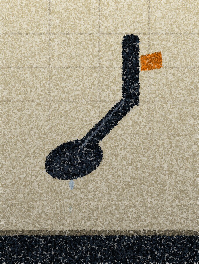 A pointillist illustration of a shower head, dark against a bright tiled wall, with a single drip below it.
