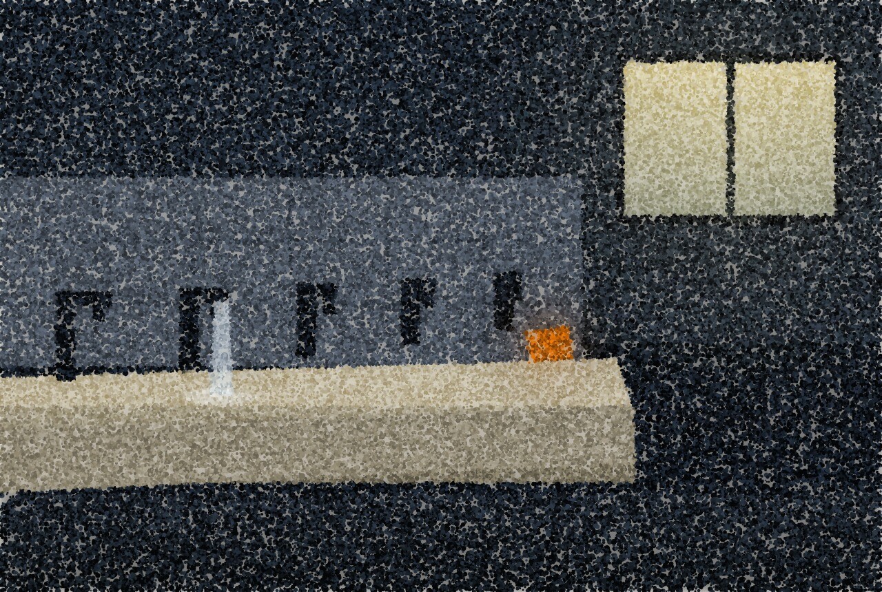 A pointillist illustration of a row of taps over a long trough basin in a dim washroom, one of them running.