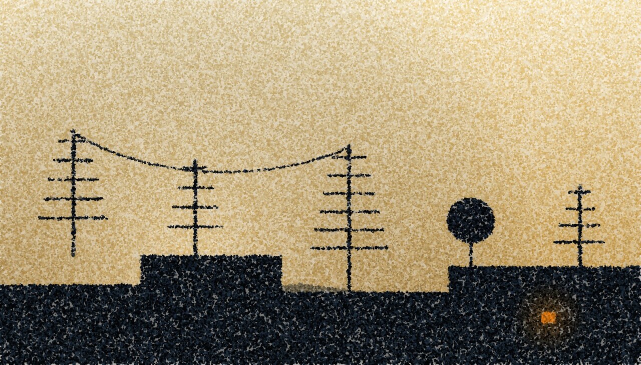 A pointillist illustration: television aerials and a satellite dish in silhouette on a rooftop against a bright dusk sky