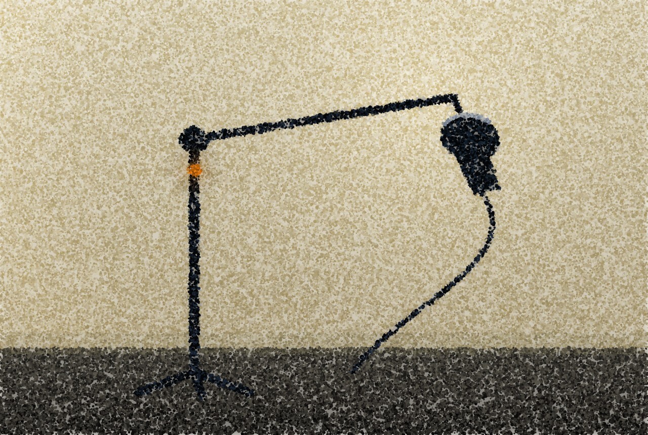 A pointillist illustration: a microphone on a boom stand in silhouette against a bright wall, its cable trailing to the floor