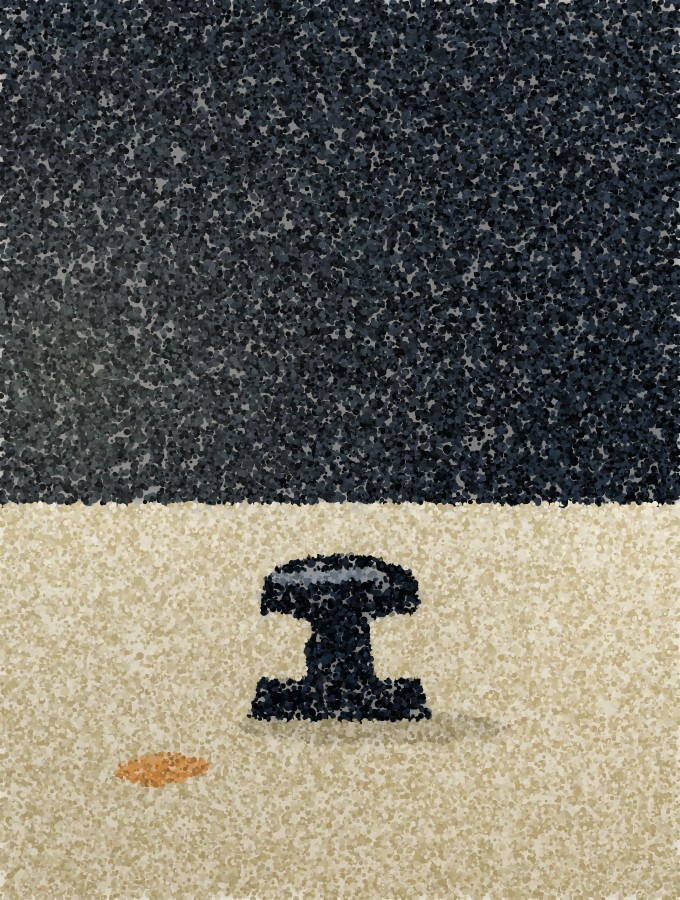 A pointillist illustration: a rubber stamp standing dark on a brightly lit desk, one faint amber ink mark beside it
