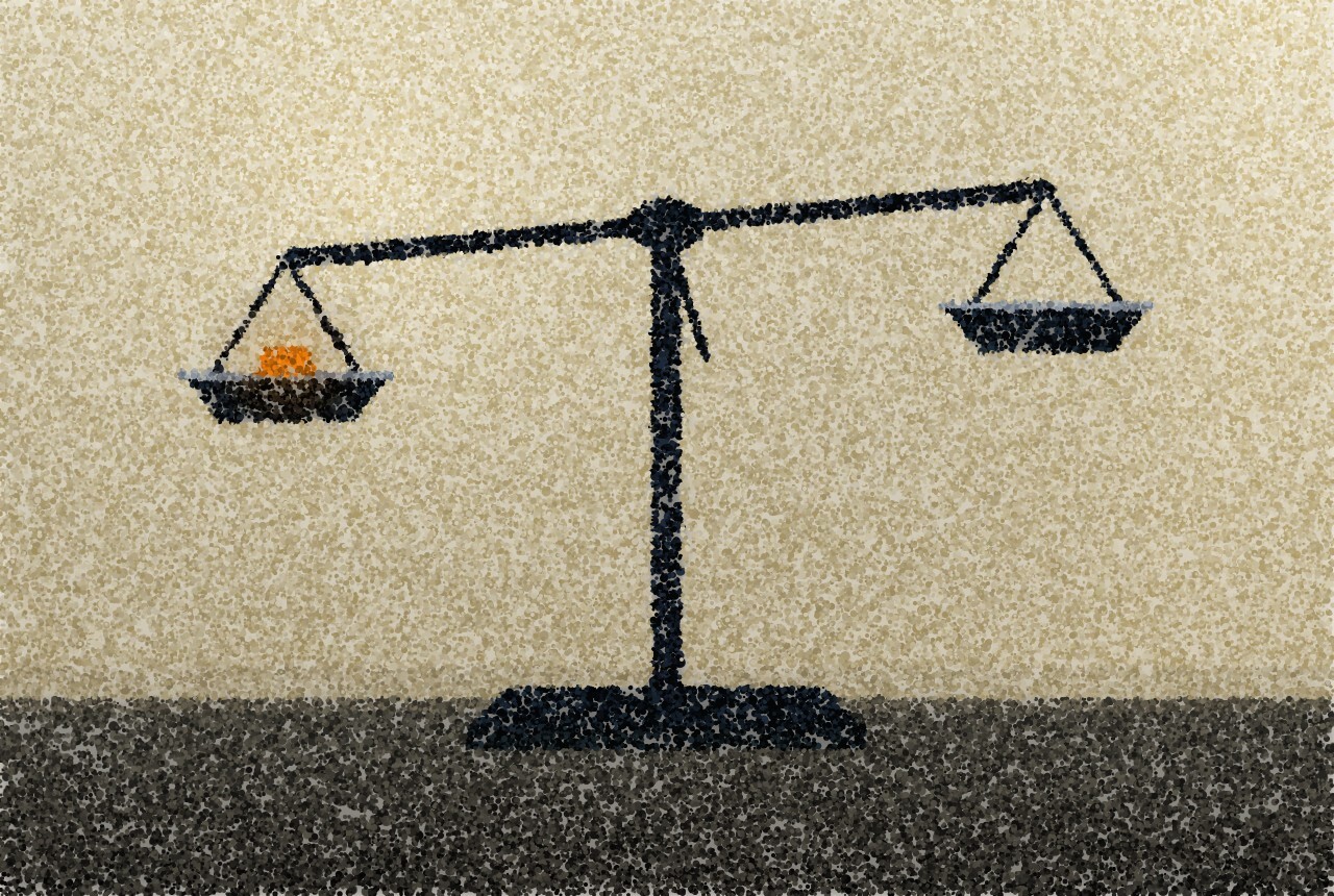 A pointillist illustration: a two-pan beam balance in silhouette against a bright wall, one pan lower than the other