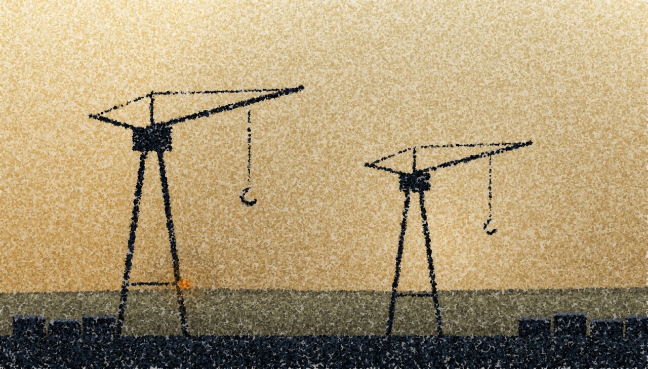 A pointillist illustration: two dock cranes in silhouette against a bright dusk sky, their hooks hanging empty over a quay