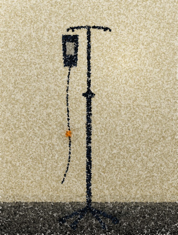 A pointillist illustration: a drip stand with one bag hanging, dark against a bright wall, standing alone on a floor