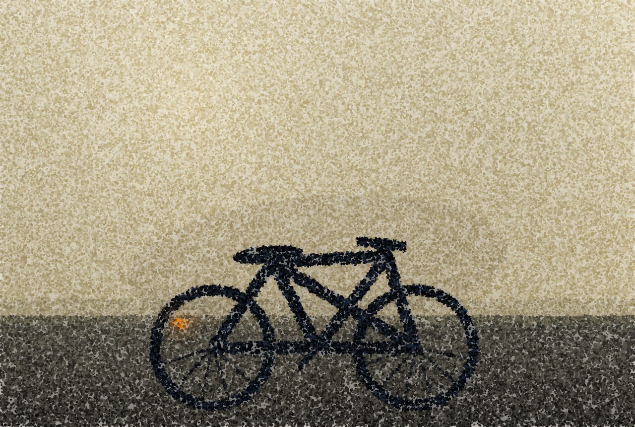 A pointillist illustration: a bicycle in silhouette leaning against a brightly lit wall