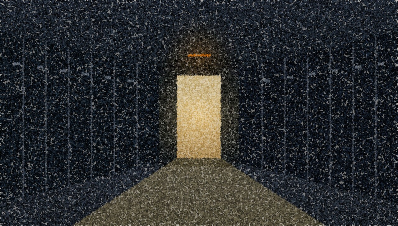 A pointillist illustration: a corridor of lockers receding towards one lit doorway at the far end