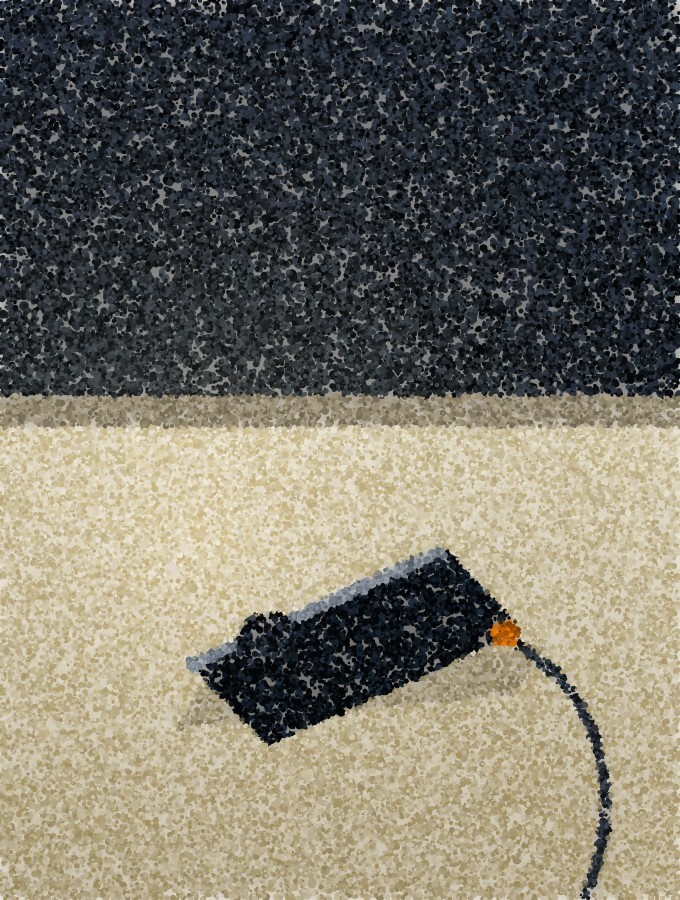 A pointillist illustration: a phone lying face down and dark on a brightly lit bedside table, its charging cable running off the edge