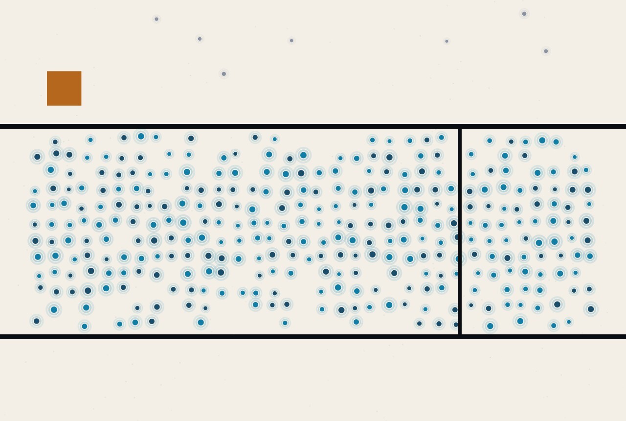 An abstract illustration: a band of dots held between two heavy black rules, with a small amber square above