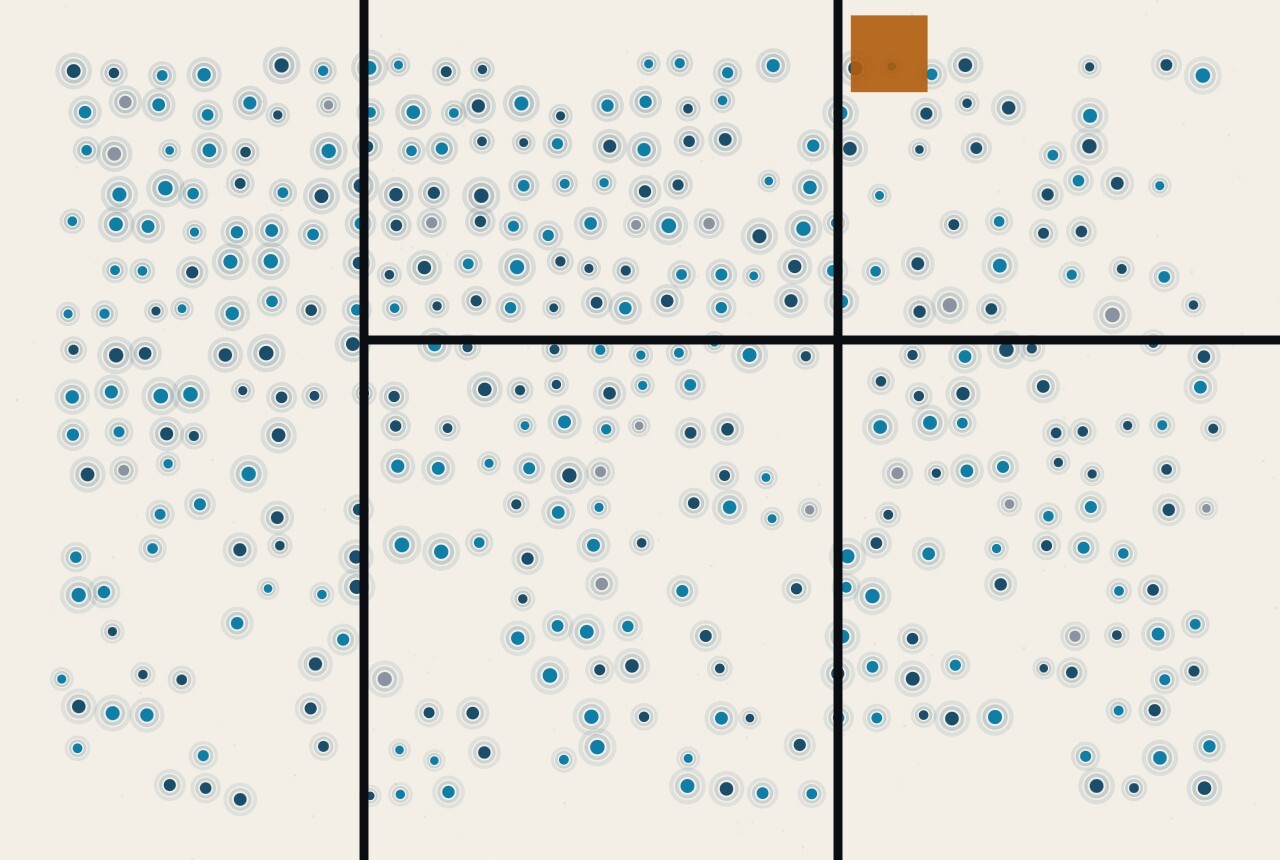 An abstract illustration: a continuous field of haloed dots crossed by imposed black rules