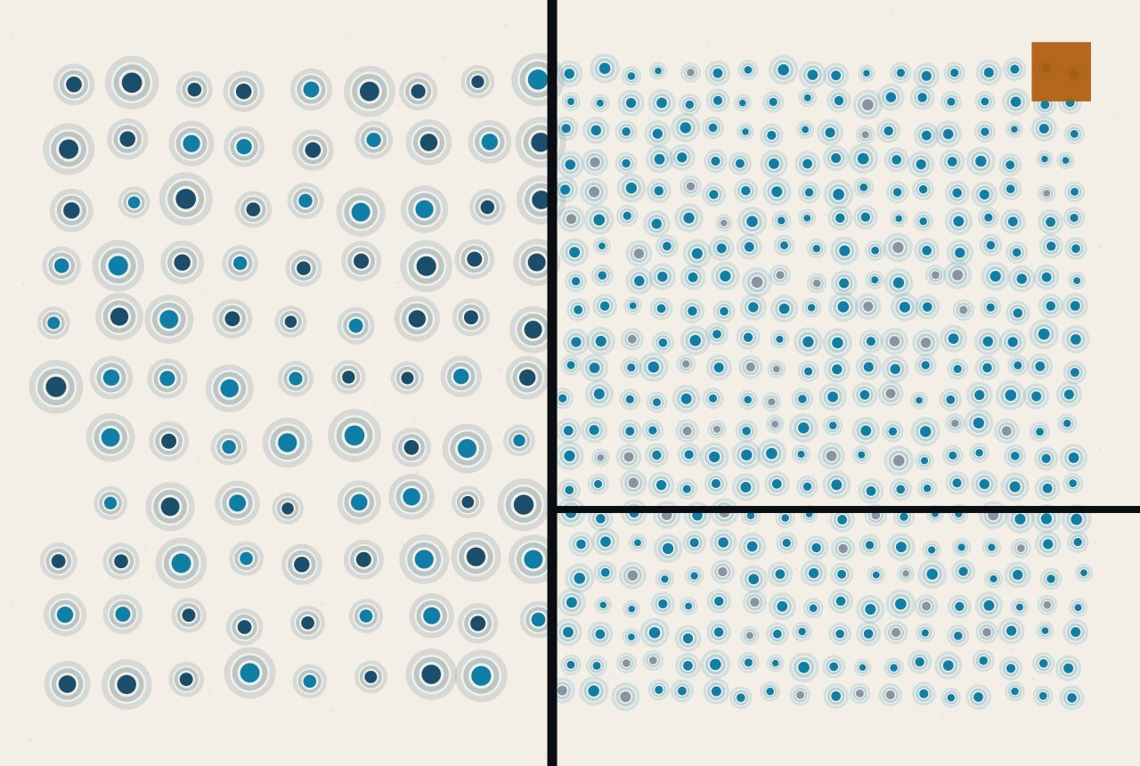 An abstract illustration: a field of dots split by a heavy black rule, widely spaced on one side and at half the spacing on the other