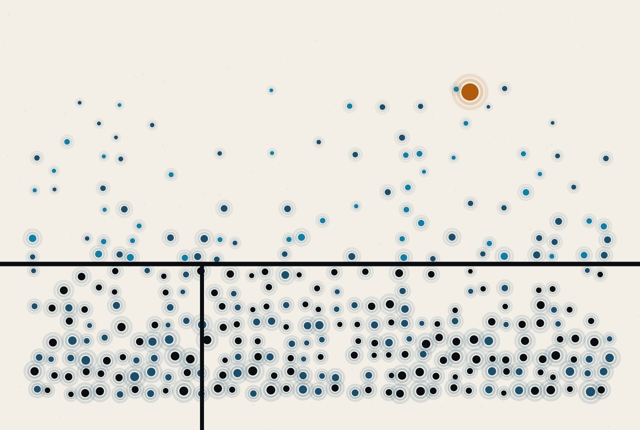 An abstract illustration: dense dark dots at the foot of the frame thinning upward, with one warm amber point alone near the top