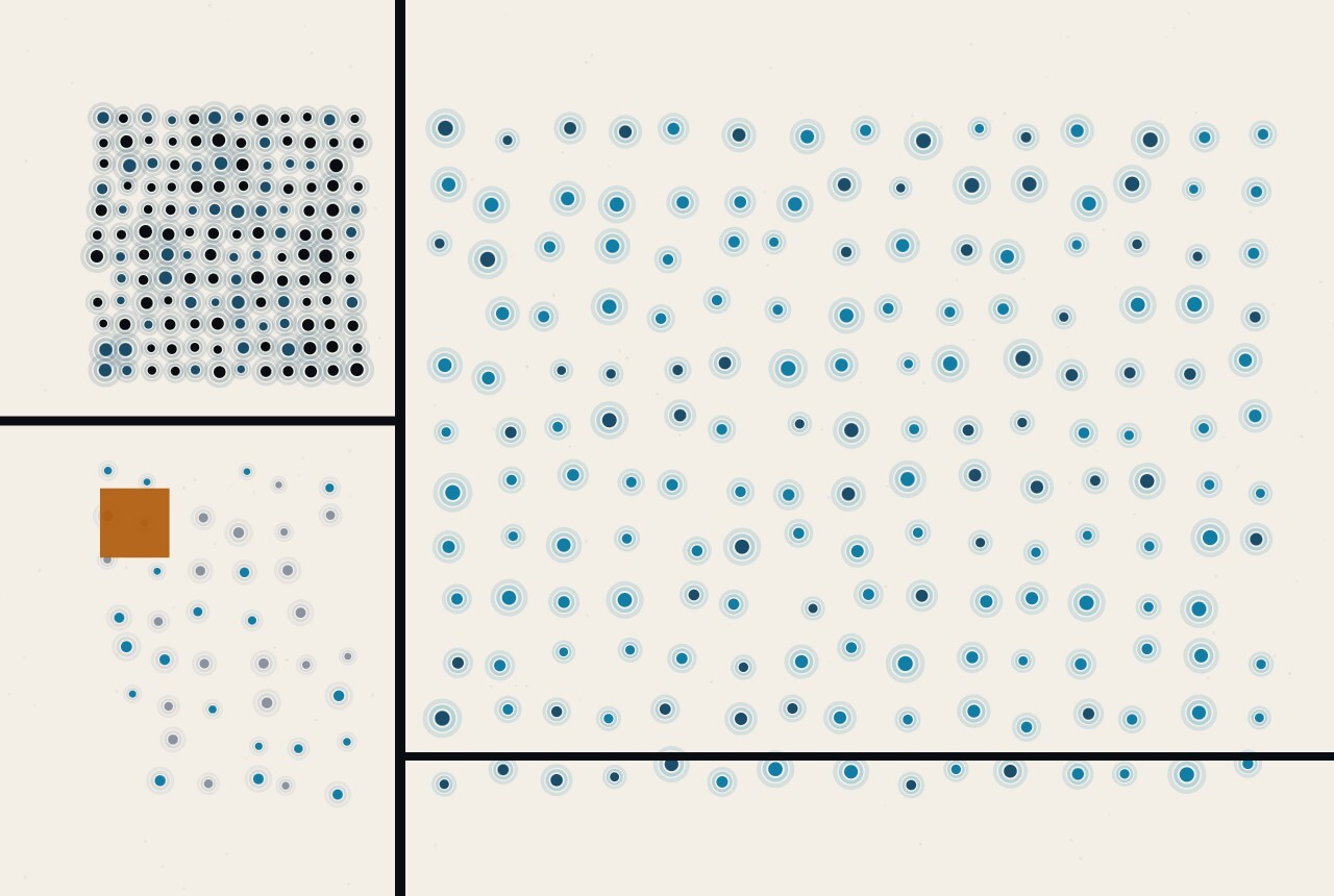 An abstract illustration: a small tightly packed cell of dark dots beside a much wider field of the same dots given far more room