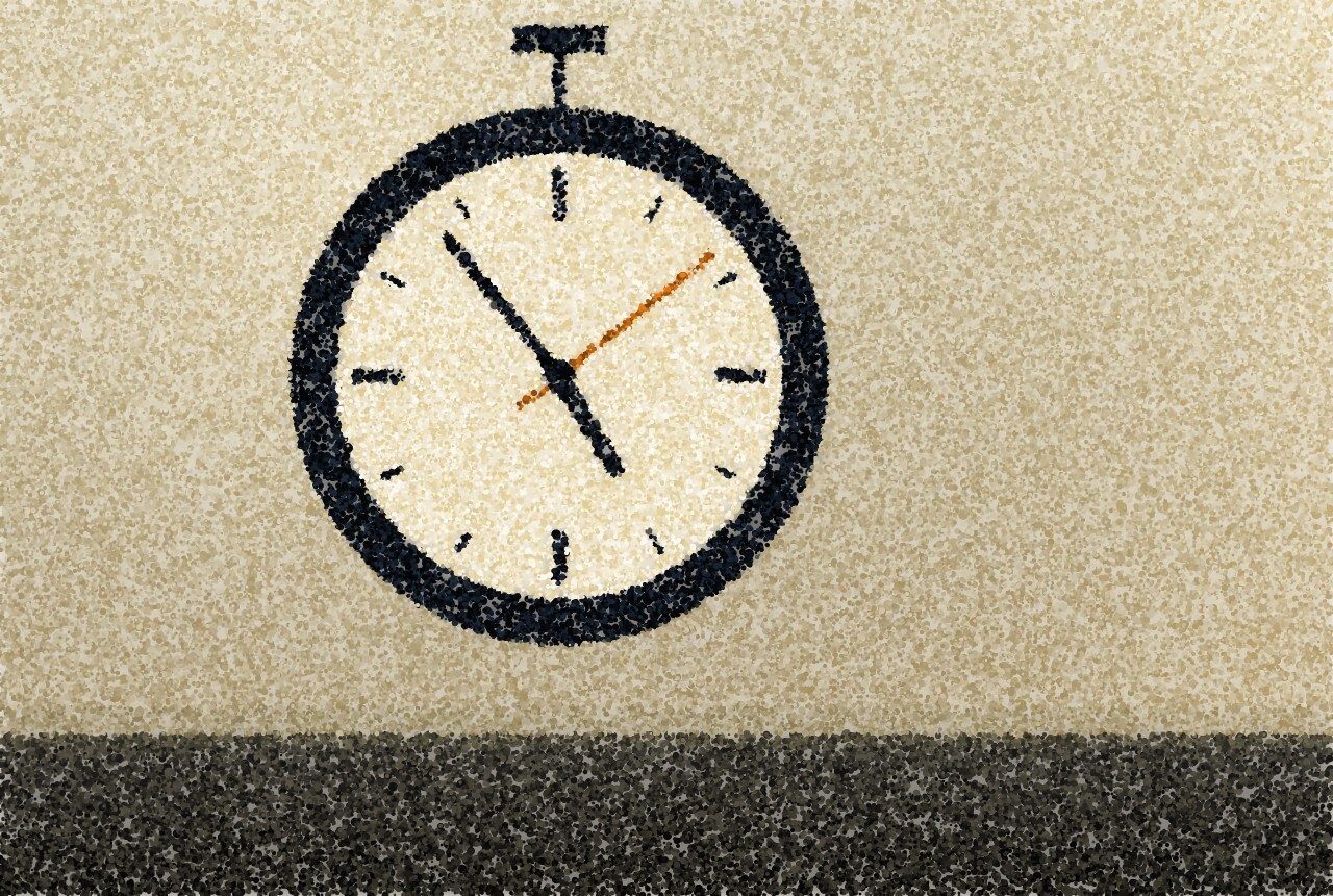 A pointillist illustration: a round wall clock in silhouette, one hand swept past the top