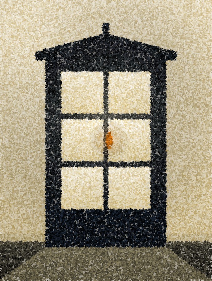 A pointillist illustration: a telephone kiosk with its panes lit, standing dark against a bright wall