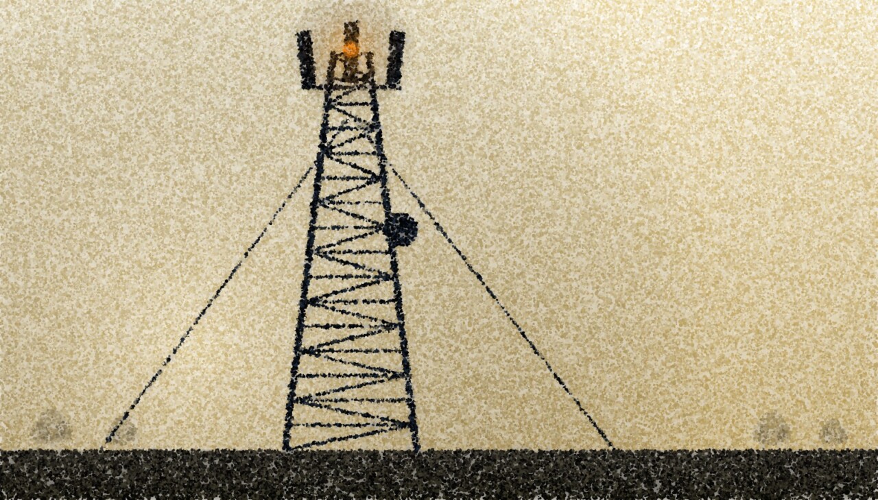 A pointillist illustration: a lattice mobile phone mast in silhouette against a bright sky, its panel antennas at the top