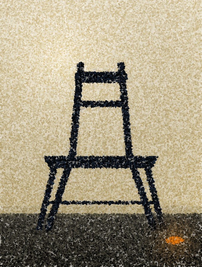 A pointillist illustration: a single empty folding chair in silhouette on a bright floor