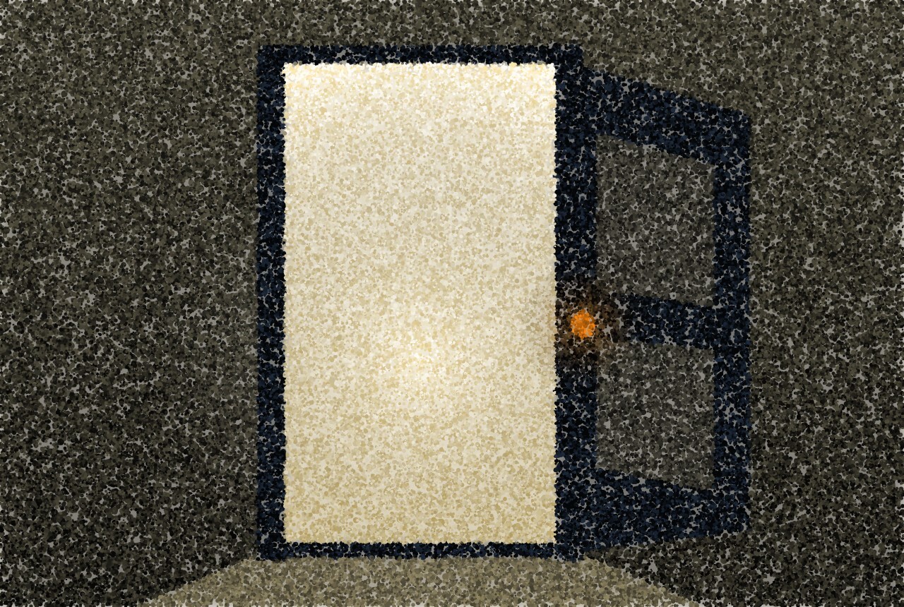 A pointillist illustration: an open door in a dark room, bright light coming through the opening