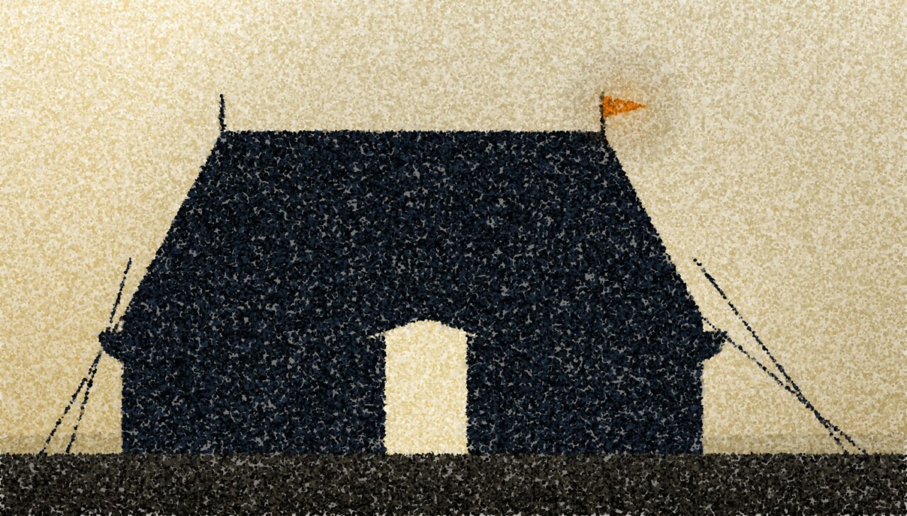 A pointillist illustration: a marquee tent in silhouette against a bright sky, its doorway lit and a pennant on the far pole