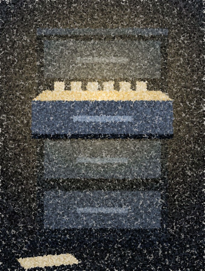 A pointillist illustration: a four-drawer filing cabinet in a dark room, one drawer pulled open and lit from inside