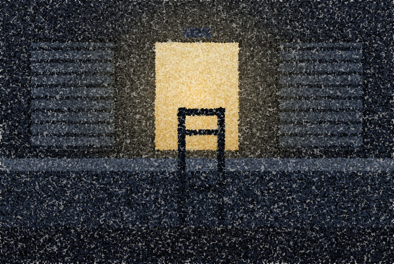 A pointillist illustration: a government service counter at night, three windows, two shuttered and one still lit, with a single empty chair in front of it