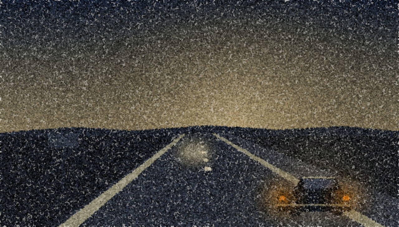 A pointillist illustration: a night road with one car pulled onto the hard shoulder, its tail lights burning