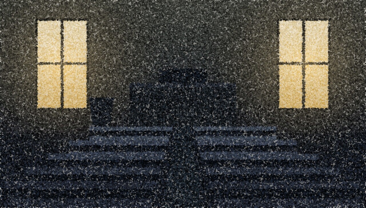 A pointillist illustration: an empty courtroom seen from the back, two tall lit windows and five rows of empty benches either side of a centre aisle