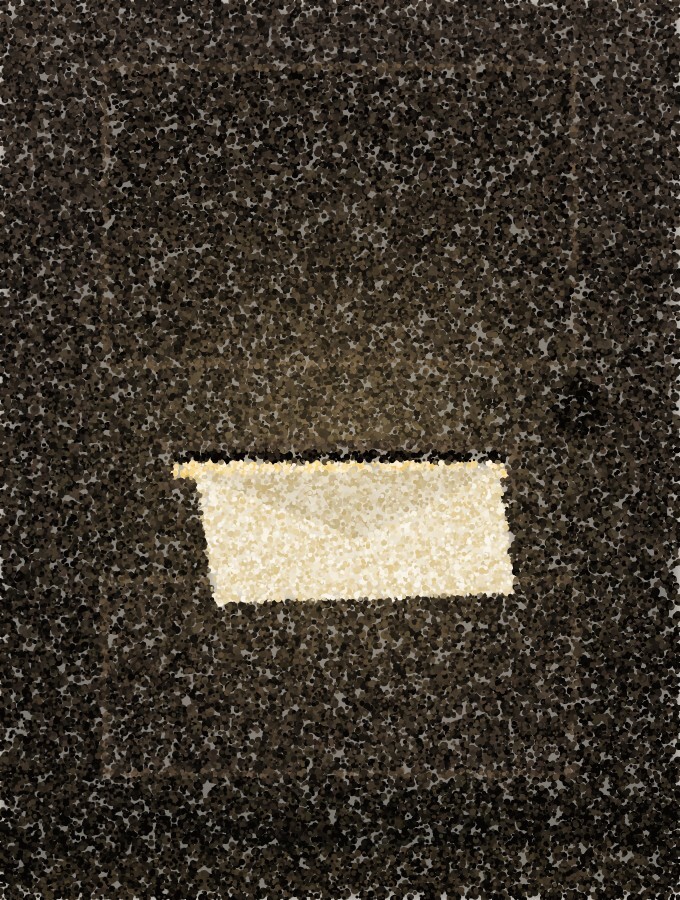 A pointillist illustration: a front door at night with an envelope pushed half through the letter slot