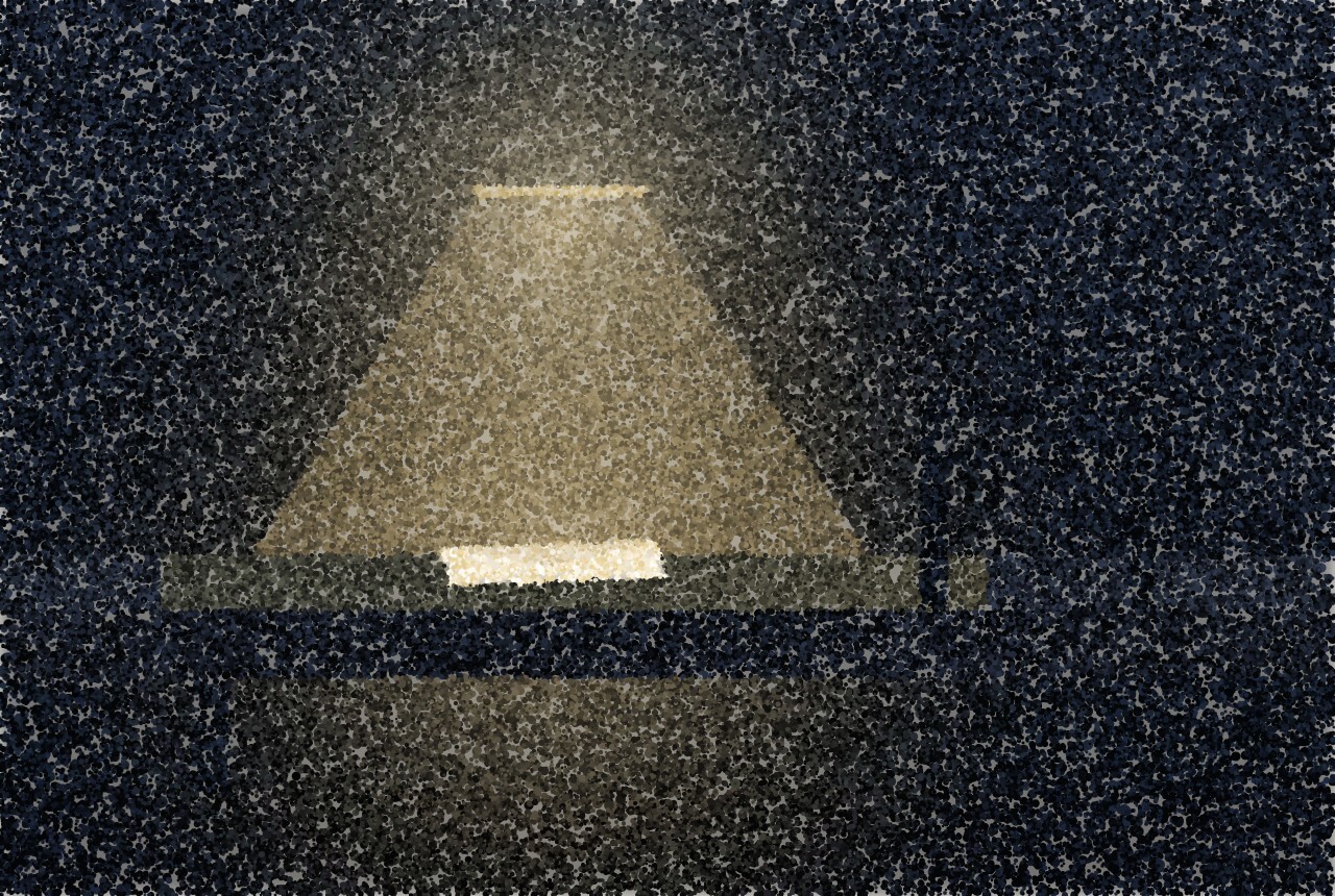 A pointillist illustration: a kitchen table at night under a pendant lamp, a single unopened letter in the pool of light