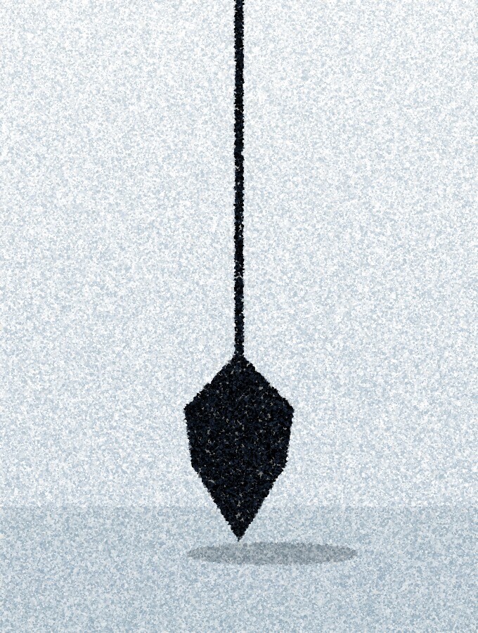 A pointillist illustration: a plumb bob hanging on a line against a pale wall, its shadow offset on the floor