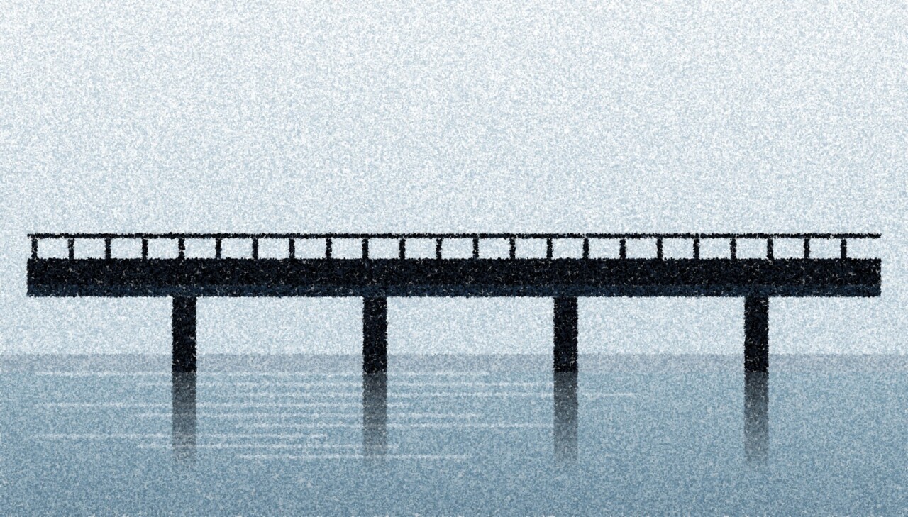 A pointillist illustration: a long low bridge deck on slender piers, the piers fading into pale water below the surface