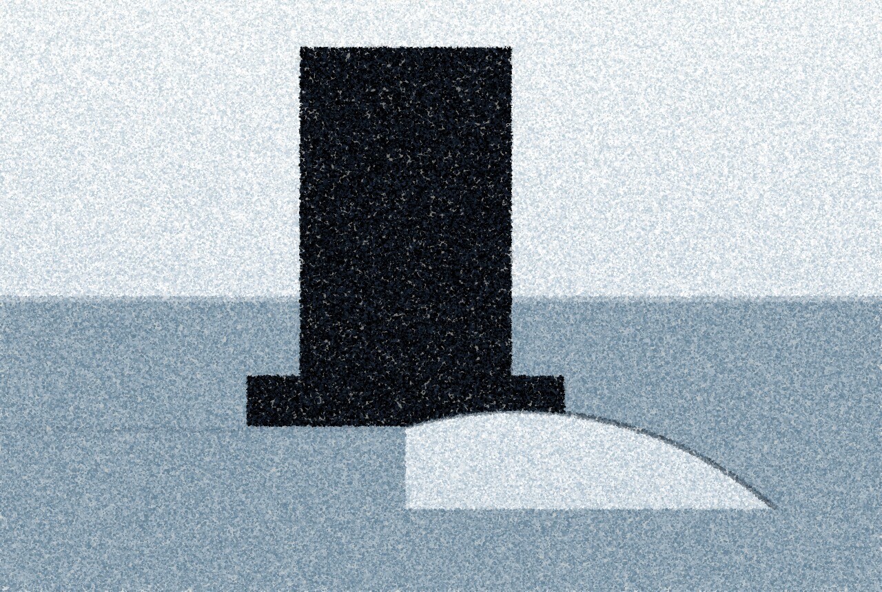 A pointillist illustration: a dark pier footing on pale ground with a bright hollow scooped out beneath one side