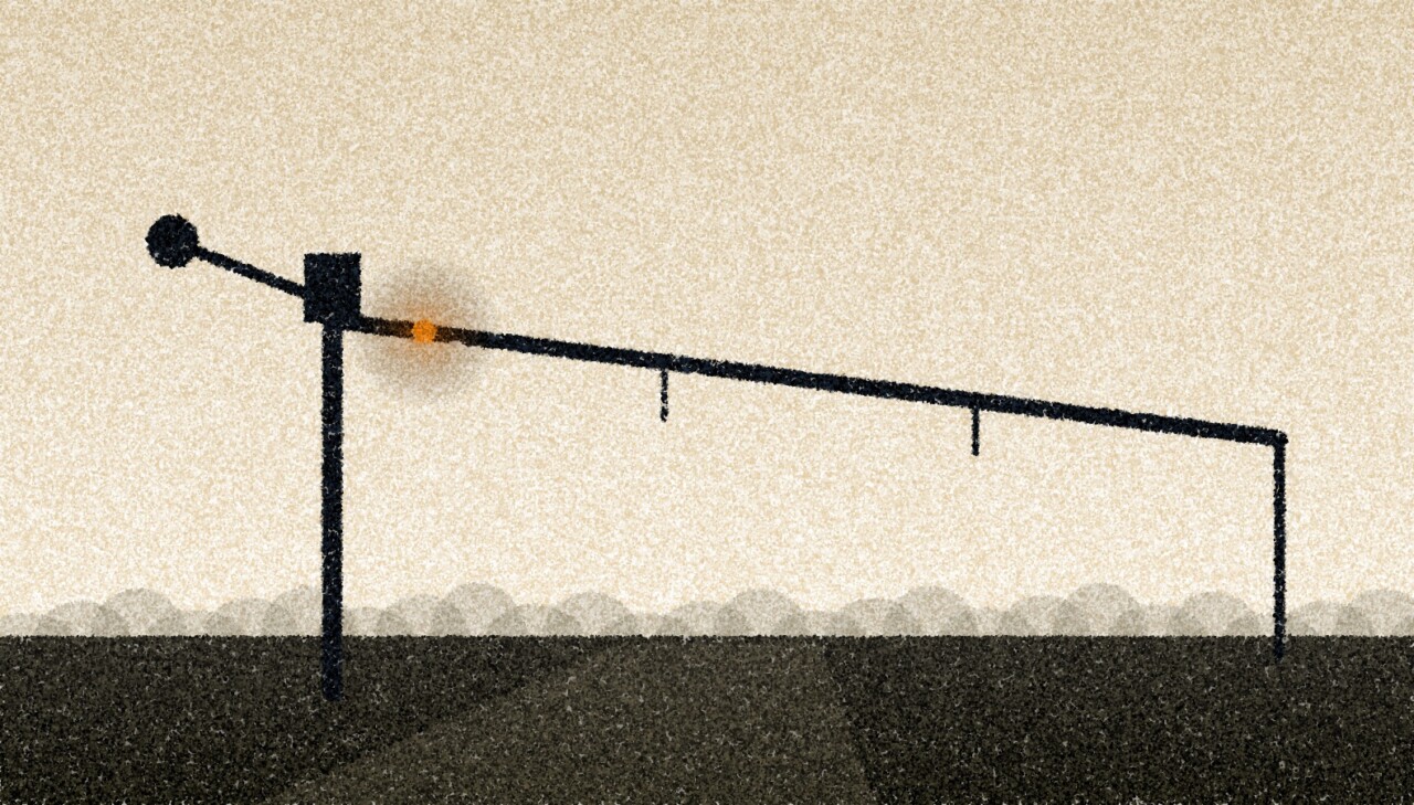 A pointillist illustration: a lowered boom barrier silhouetted against a bright evening sky, with a counterweight, a small lamp and dark ground beyond.