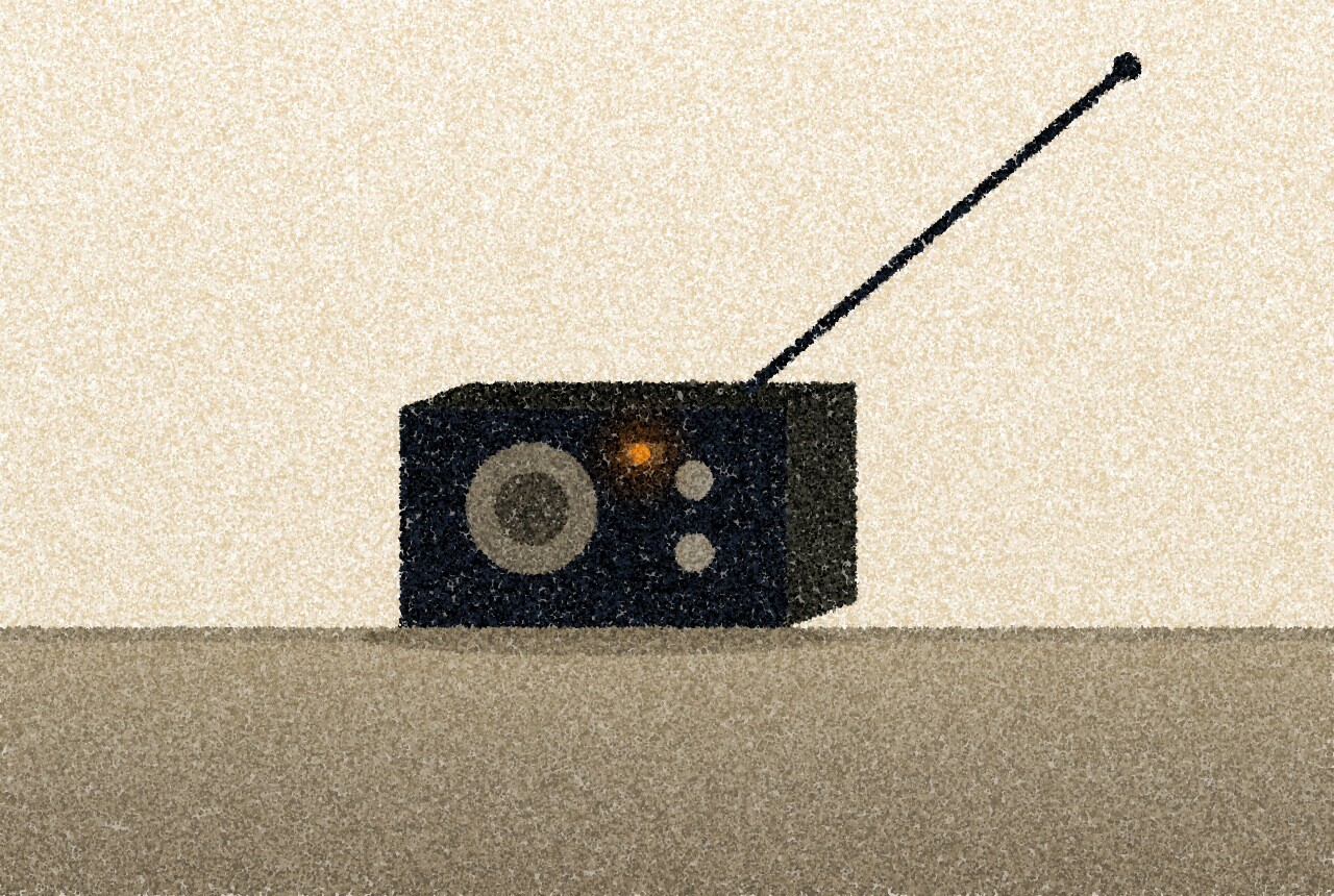 A pointillist illustration: a small transistor radio with its aerial raised, standing on a sill against a bright wall.