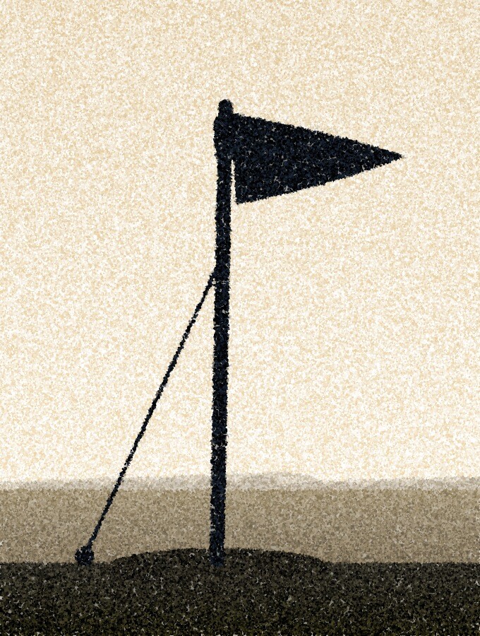A pointillist illustration: a marker stake with a small triangular pennant and a guy line, planted in a low mound of turned earth.
