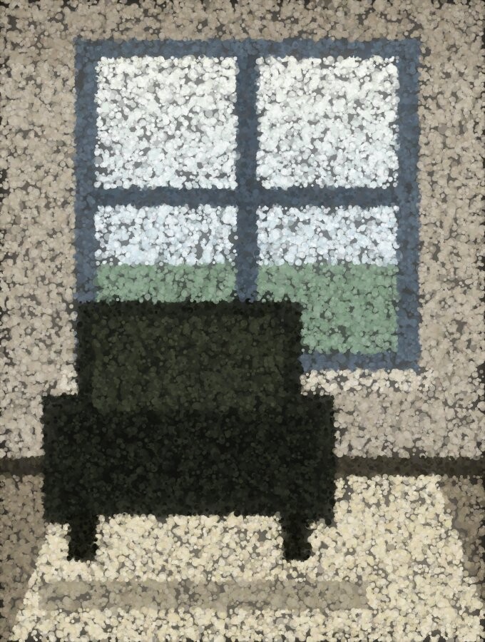 A dim room with a tall bright window and a dark armchair standing in the light on the floor.