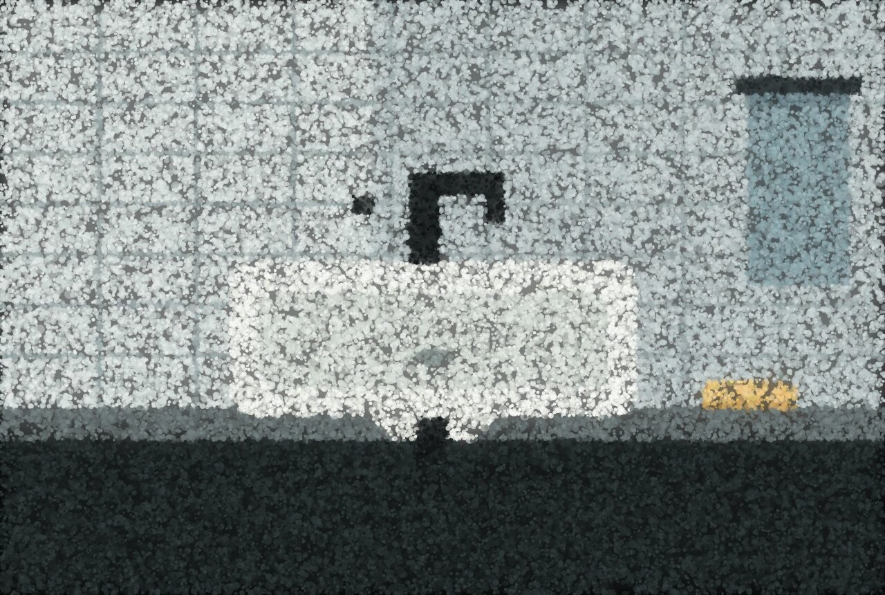 A tiled wall with a white basin, a dark tap, a bar of soap on the ledge and a towel hanging beside it.