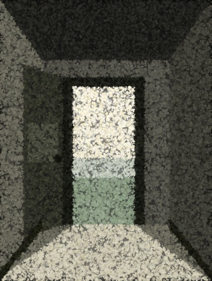 A dim corridor with a door standing open at the far end and daylight spilling across the floor.